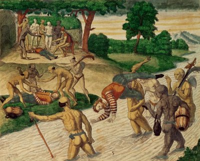 Indios sudamericanos ahogando a españoles para ver si son inmortales de Theodore de Bry